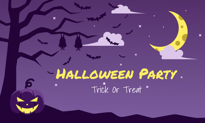 Halloween Party Flat Design. Silhouette of twig with pumpkin. Halloween night vector Illustration. 