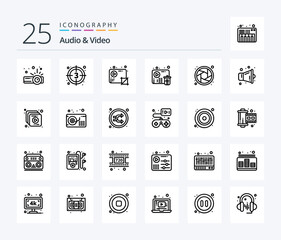 Audio And Video 25 Line icon pack including camera. video. audio. fail. video