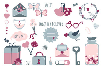 Valentine's Day elements set. Different romantic objects. Vector illustration in cartoon style with love symbols. Perfect for banners, cards, invitations, packaging.