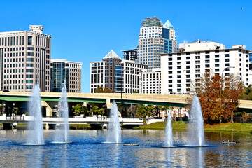 Downtown Orlando Skyline with water fountains. Located in Orlando, Orange County, Florida, USA.