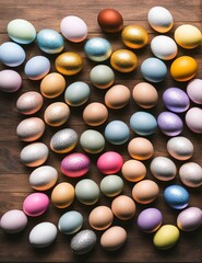 easter eggs in a basket on a wooden background, celebration, happy easter, painted, seasonal, festive, decoration