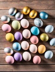 Fototapeta na wymiar easter eggs in a basket on a wooden background, celebration, happy easter, painted, seasonal, festive, decoration