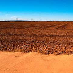 Heartland of America landscape of the rural ploughed agricultural field in Texas