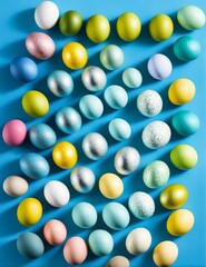 festive easter decoration on blue background, top view