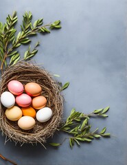 Fototapeta na wymiar easter eggs in basket and flowers on wooden background