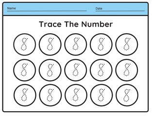 Number 8 tracing practice worksheet with all numbers for kids learning to count  Worksheet. illustration vector