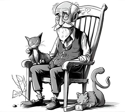 Cartoon Illustration of an old man, sitting in a chair with his Cat
generative ai