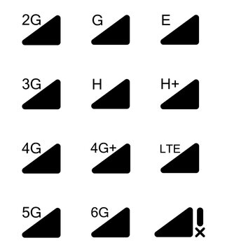 Phone mobile signal. Status bar connection icon. Network icon pictures. Icon in black fill style on white background. Network signal icons. 5g, 2g, 3g, 4g, lte, volte network icons.