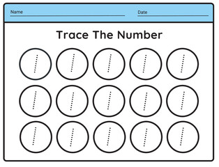 Number 1 tracing practice worksheet with all numbers for kids learning to count  Worksheet. illustration vector