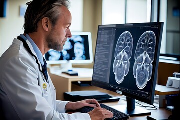 Illustration of a doctor looking at a ct scan on a computer screen generative ai