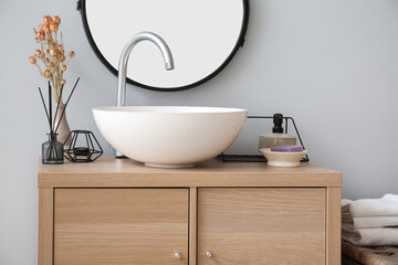 Modern sink in interior of stylish bathroom, closeup