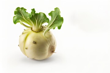 Fresh vegetable isolated. Fresh kohlrabi with green leaves on isolated white backround. full depth of field. generative ai