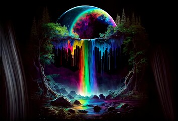 Illustration of Rainbow colored melted moon over the waterfall in the woods.
generative ai