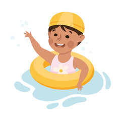 Happy Girl in Swimming Pool Wearing Cap Splashing in Water with Rubber Ring Vector Illustration