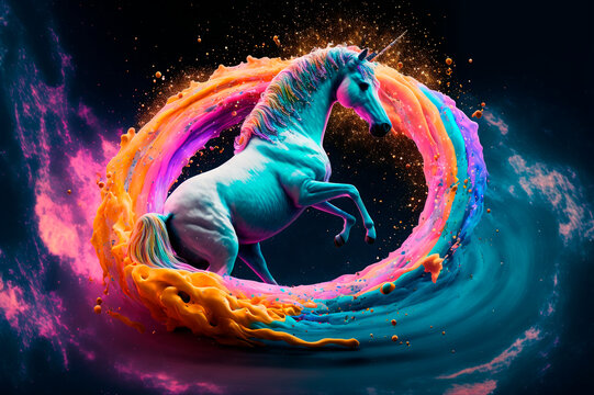 A bright unicorn in a swirl of paint. Generative AI