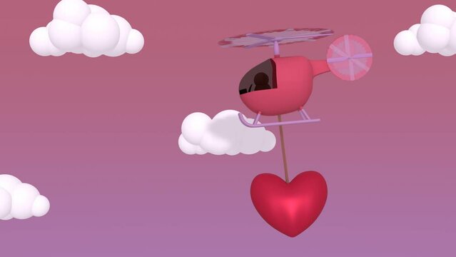 Helicopter carrying a heart through the pink sky with white puffy clouds. Seamless looping. 3D Render Animation