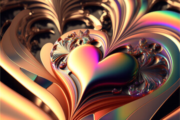 A 3d illustration background, valentine's day, love, hearts, holographic, gold, Created with Generative AI