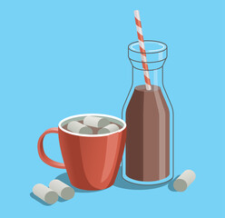 Hot chocolate, cocoa with  marshmallows. Mug and bottle of hot beverages with straw