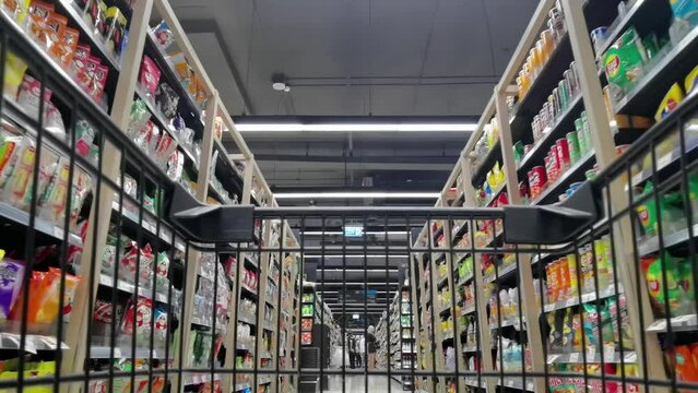 Shopping cart moving in supermarket