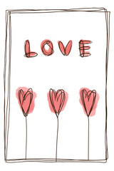 Greeting card for valentine's day. February 14. Handdrawn simple minimalistic illustration with flowers, hearts. Love. Pink watercolor stain. Brush stroke. Heart, flower. Rectangular frame. Line art