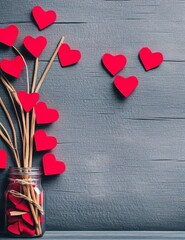 valentine heart shaped confetti and white roses on a wooden background.