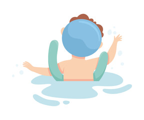 Happy Boy in Swimming Pool Wearing Cap Splashing in Water with Noodle Vector Illustration