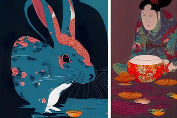 Hungry Rabbit Illustration: A Cute and Funny Cartoon Man/Woman Eating in front of a Hungry Rabbit, Perfect for Food and Animal-Themed Designs