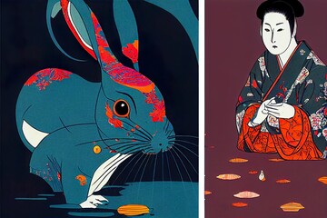 Hungry Rabbit-Mouse: An Easter Illustration in Asian design