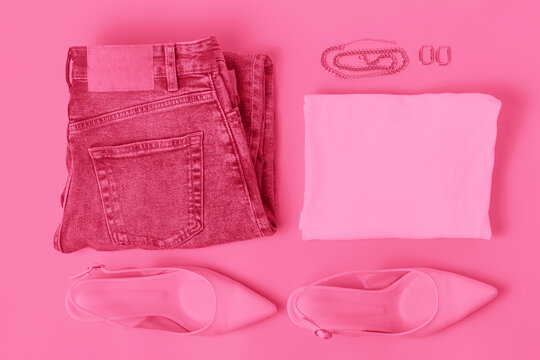 Modern female clothing, flat lay in trending color of year 2023 Viva magenta.