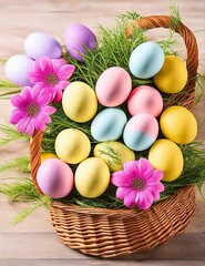 colorful easter eggs on a flat background, happy easter