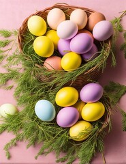 Fototapeta na wymiar colorful easter eggs on a flat background, happy easter