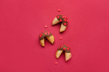 Fortune cookies with hearts on red background. Valentine's Day celebration