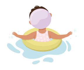 Happy Girl in Swimming Pool Wearing Cap Splashing in Water with Rubber Ring Back View Vector Illustration