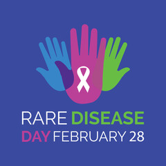 Fototapeta premium Rare disease day simple vector background. Colorful ribbon and hand and elipse with lettering Rare disease poster design.