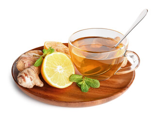 Cutting board with ginger roots, lemon, mint and cup of tea isolated on white background