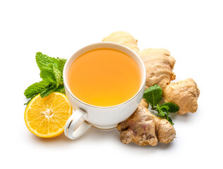 Fresh ginger roots, lemon and cup of tea isolated on white background