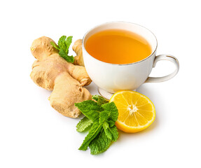 Fototapeta Fresh ginger roots, lemon and cup of tea isolated on white background obraz