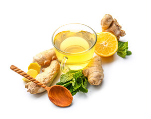 Fresh ginger roots, lemon and cup of tea isolated on white background