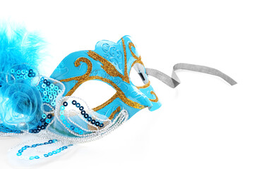 Blue carnival mask for Mardi Gras celebration on white background, closeup