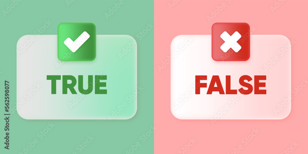 Poster true or false banner. green check mark and cross mark symbols icon element in square in 3d design. c