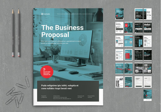 Business Proposal Template with Blue and Black Elements and Red Accents
