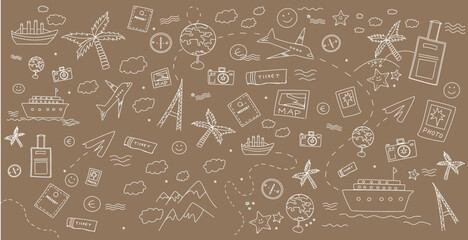 Brown background with travel print vector illustration.