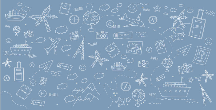 Travel theme doodle set background vector illustration.