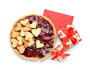 Sweet strawberry pie with cookie hearts and gifts for Valentine's day isolated on white background