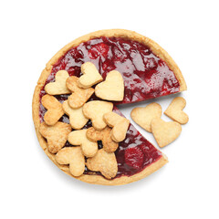 Sweet strawberry pie with cookie hearts for Valentine's day isolated on white background
