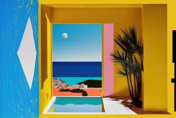 Mediterranean villa of opulence overlooking the summer ocean beach with magnificent architecture collage of yellow pillars and arches - generative AI illustration.	