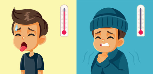 Child Suffering in Winter and Summer from Cold or Heat. Stressed buy feeling too hot or freezing during extreme temperature seasons 
