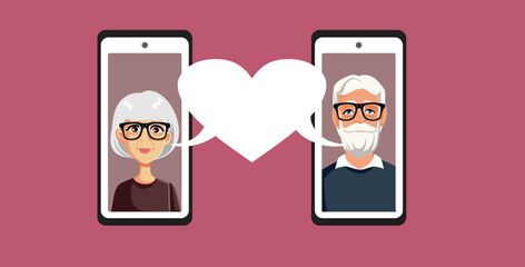 Senior Man and Woman Using an Online Dating App Service. Elderly couple finding each other via social media 
