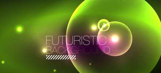 Shiny neon geometric abstract background. Glowing lights on round shapes, triangles and circles. Wallpaper for concept of AI technology, blockchain, communication, 5G, science, business