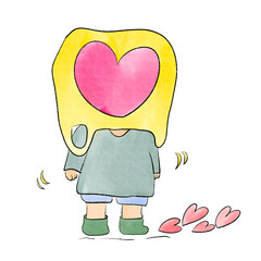 Boy wearing yellow shirt in various characters with hearts